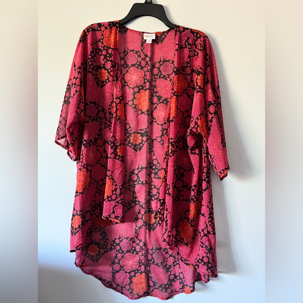 LuLaRoe Pink and Black Butterfly Kimono